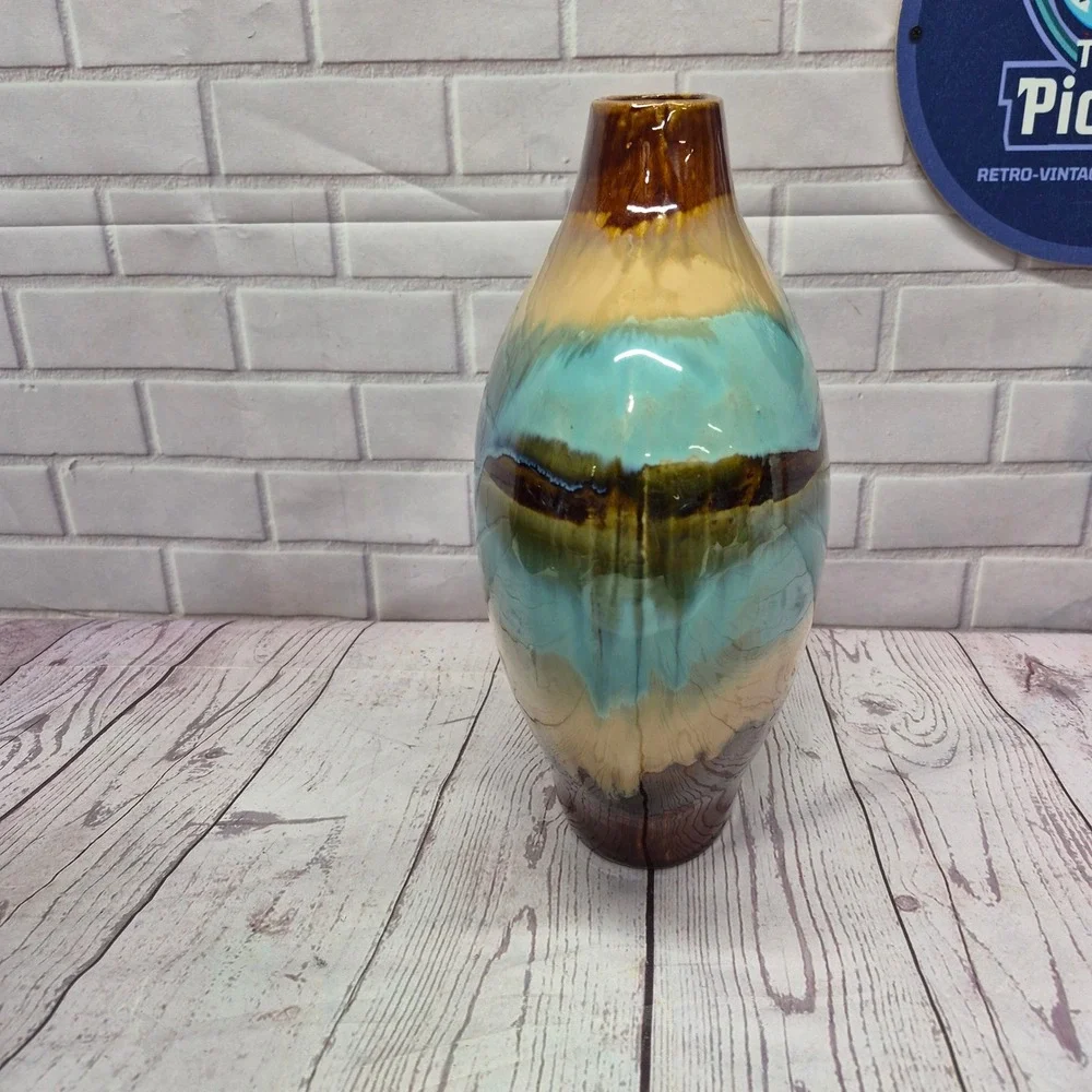 Vintage Drip Glaze Ceramic Vase Turquoise Brown Tan Bulbous Pottery Decor 10in